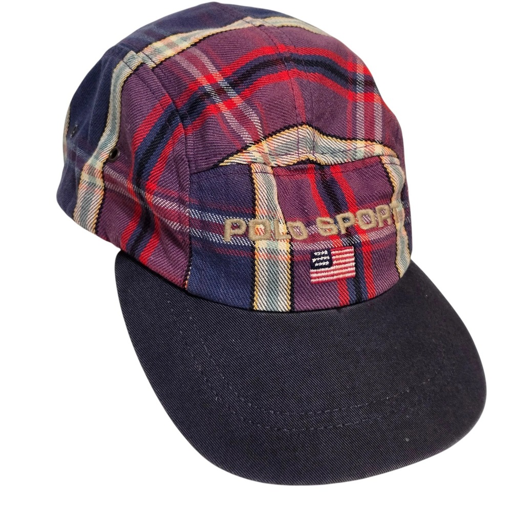 Vtg Polo Sport Ralph Lauren 5-Panel Hat Mens OSFA Plaid Cotton Leather Strap 90s